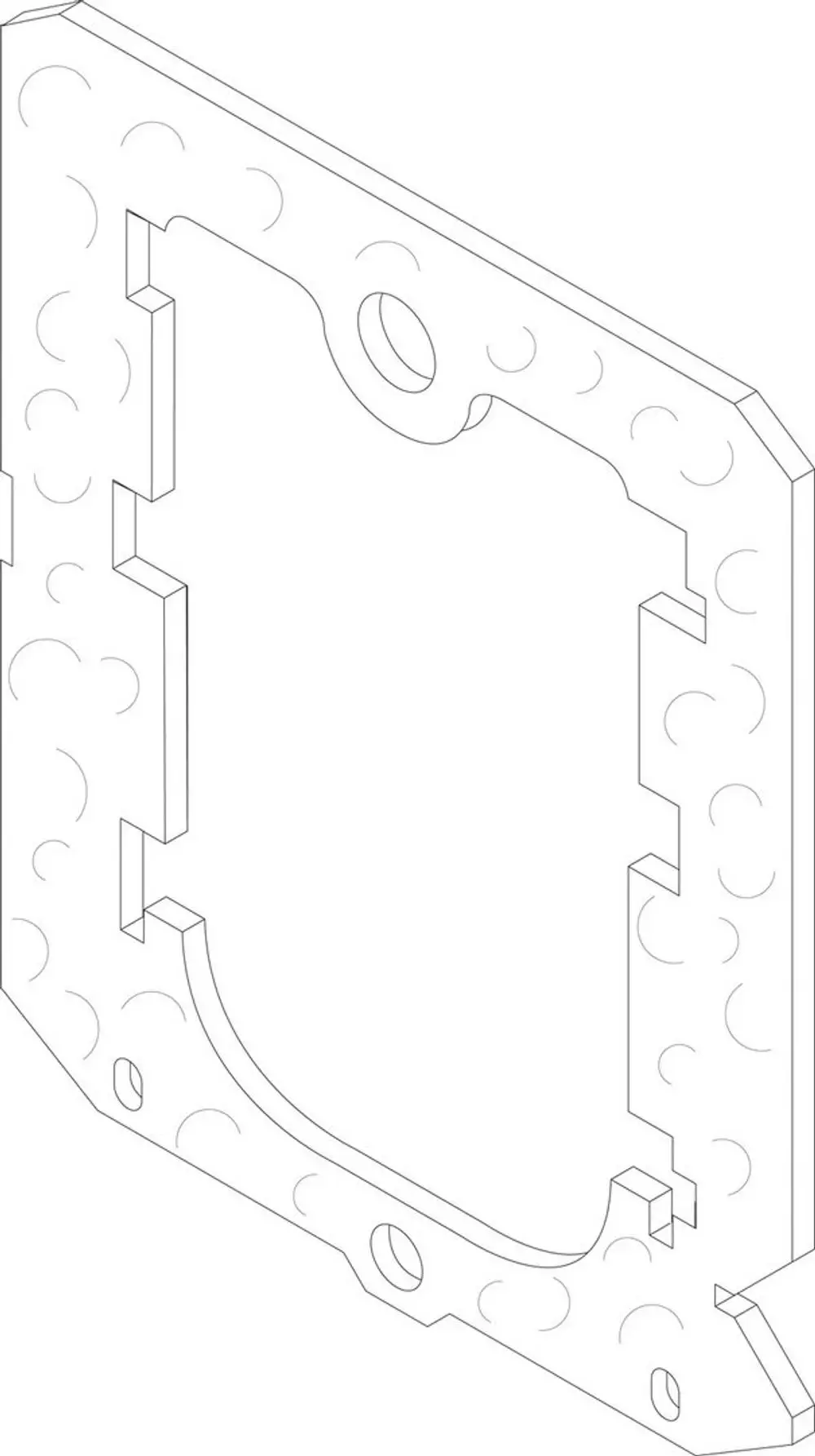 Detaillierte technische Zeichnung eines Wärmeschutzteils von Bosch, mit Ausschnitten und Löchern für die Montage, im Isometrischen Format dargestellt.